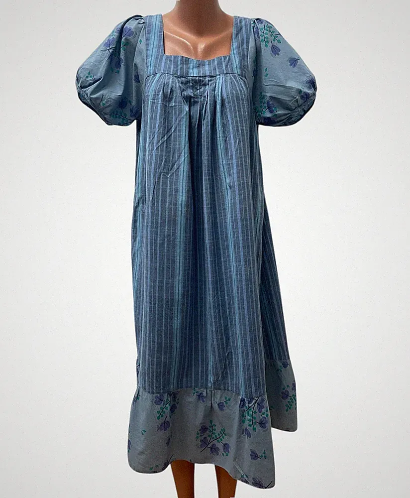 GUDRUN SJODEN Gr.L / XL Morgenmantel Kleid blau geblümt gestreift wadenlang midi