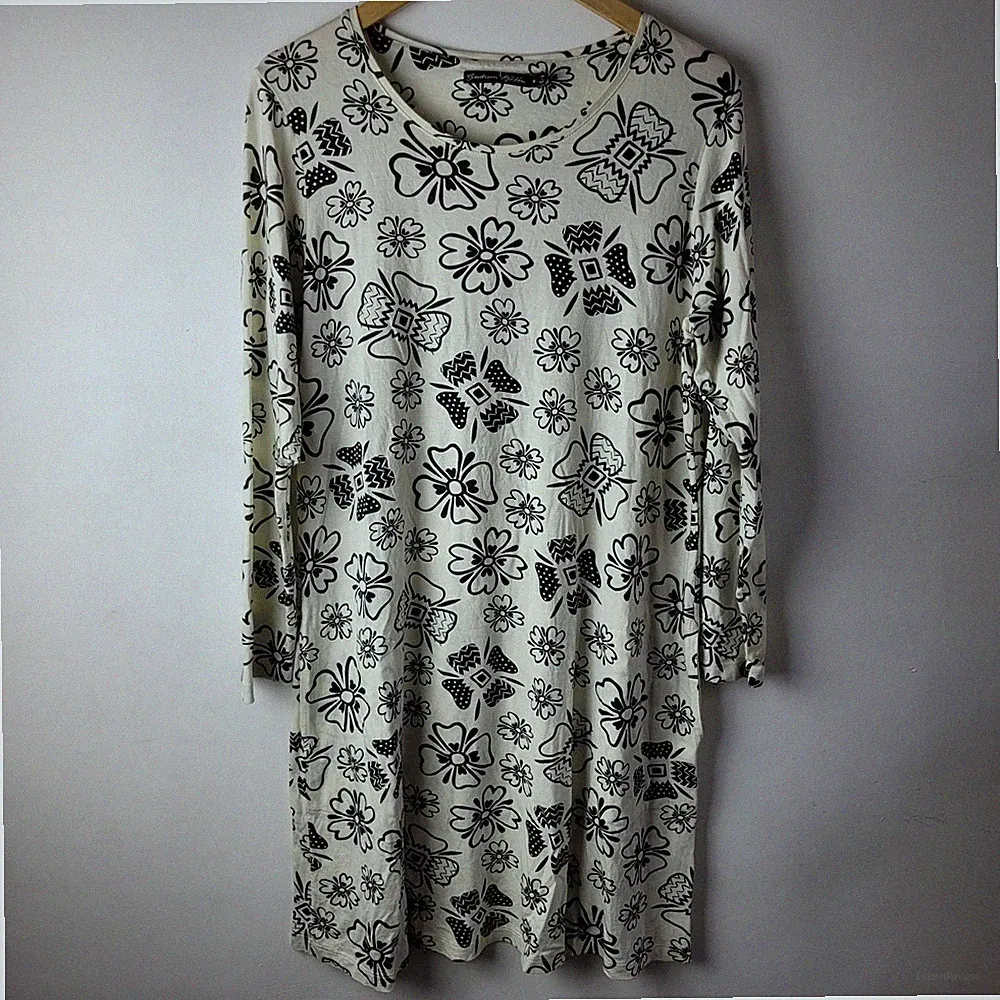 Gudrun Sjoden Gr. M elfenbein Blumen Stretch A-Linie T-Shirt Kleid Freizeit Smart