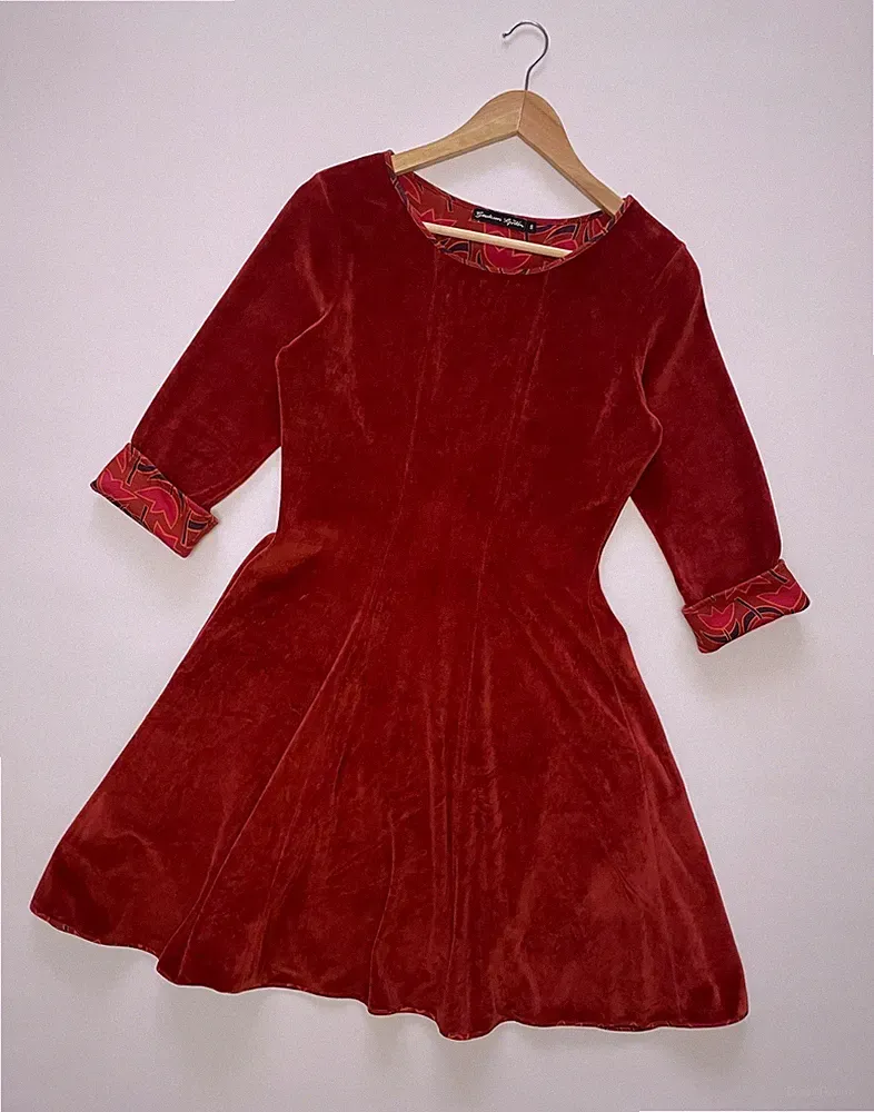 Gudrun Sjoden Kleid A-Linie Velour orange rot 3/4 Arm Blumenbündchen Gr. S