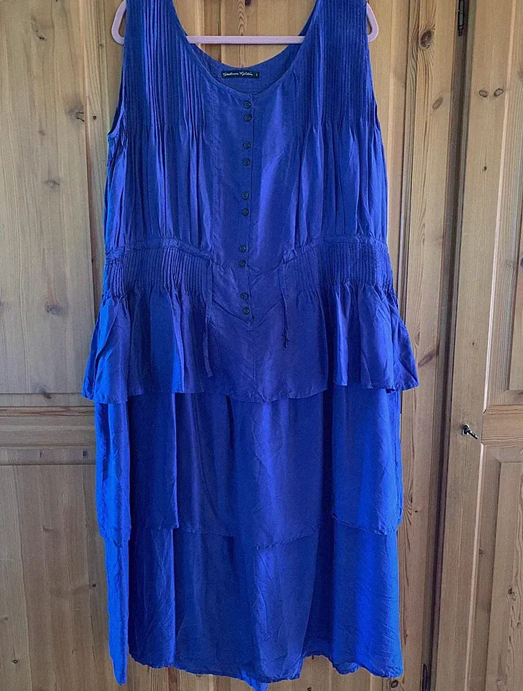 Gudrun Sjödén A-Linien-Kleid Midi ärmellos L blau unifarben Knopf Rundhals