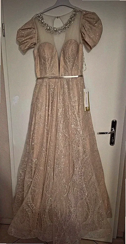 Günbeyi Damen Abendkleid lang beige Pailletten Perlen Strass Kurzarm Gr. 42