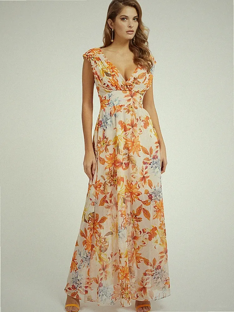 GUESS Kleid Gr. XS Orange Maxi Blumen Chiffon Hochzeit Gast Anlass Cocktail