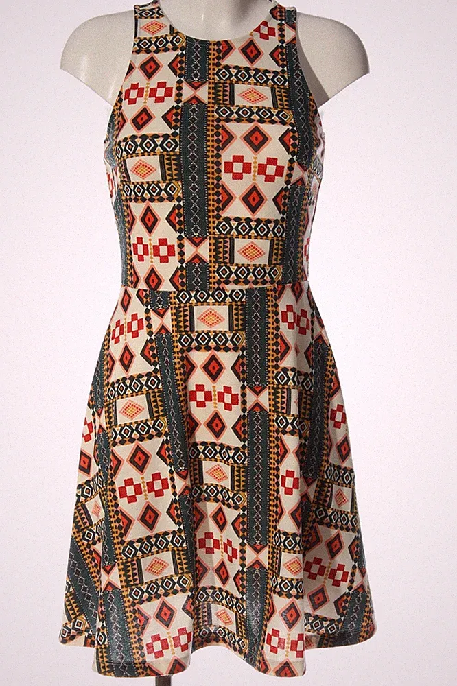 H&M A-Linien Kleid Damen Kleid Gr. DE 36 blau-hellorange-wollweiß Casual-Look