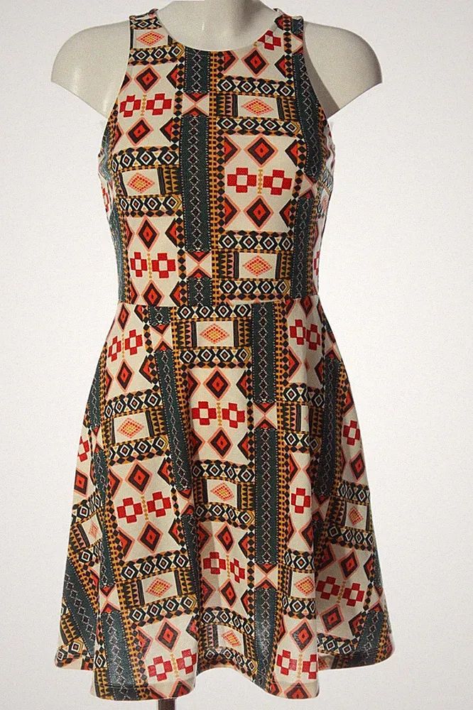 H&M A-Linien Kleid Damen Kleid Gr. DE 36 blau-hellorange-wollweiß Casual-Look