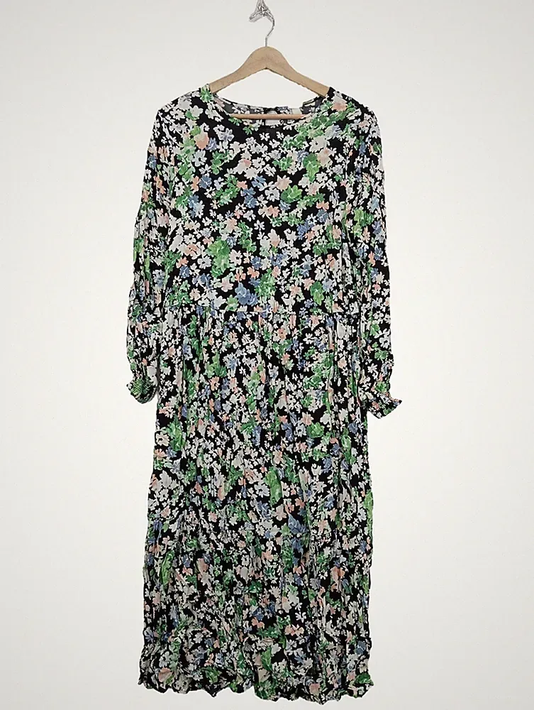 H&M A-Linien Kleid Damen Kleid Gr. DE 36 schwarz-grün-weiß Casual-Look