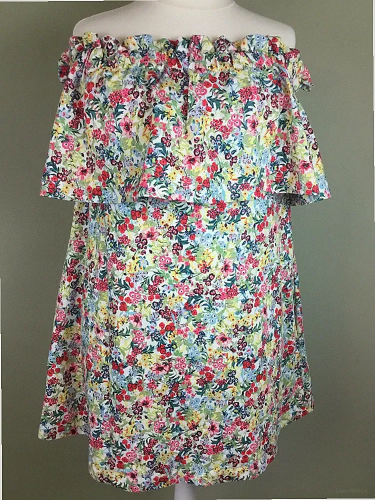 H&M;Baumwolle Schulterfrei A-Linie Ärmellos Taschen Kurz Blumendruck Kleid Gr.L