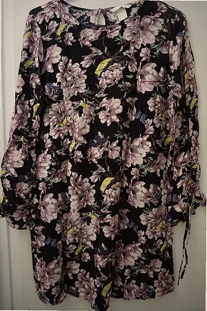 H&M Boho Kleid Lagenlook Tunika Volant Schwarz Rosa Blumen Motiv Gr 38