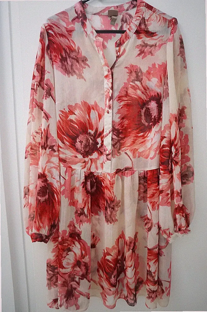 H&M Chiffon Boho Tunika Volant Kleid Rosa Rot Beige Blumen Gr L gut erhalten