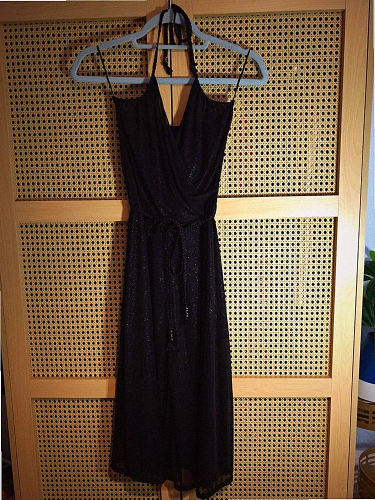 H&M Damen A-Linie Kleid schwarz Glitzer Mesh ärmellos V-Ausschnitt Midi Gr. 36