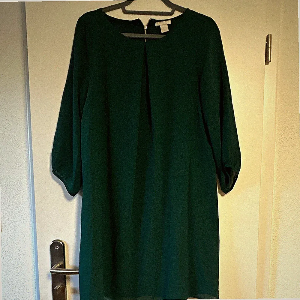 H&M Damen A-Linien-Kleid 42 grün Chiffon kurz 3/4 Ballonärmel RV
