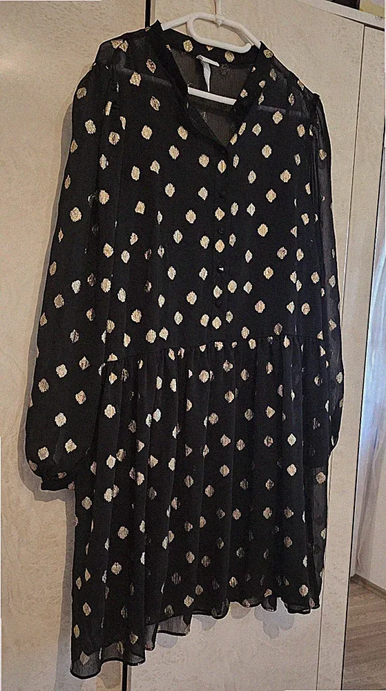 H&M Damen Chiffonkleid schwarz/gold gepunktet A-Ausschnitt Ballonärmel gr.L