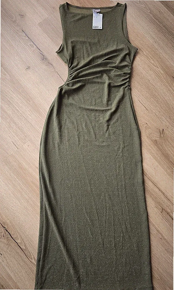H&M Damen Etuikleid lang ärmellos Stretch Rundhals Glitzer grün Gr. M NWT