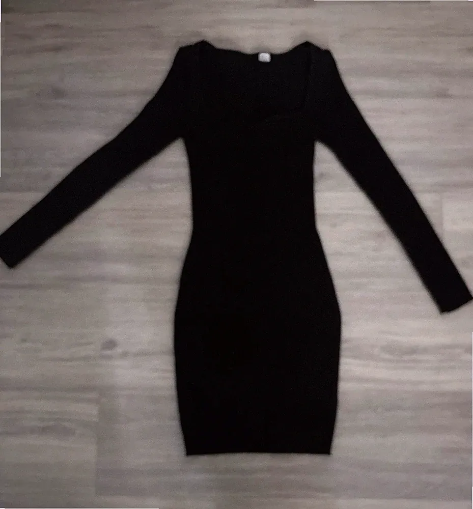 H&M Damen Etuikleid M Schwarz kurz Langarm Baumwolle Strick eckiger Ausschnitt