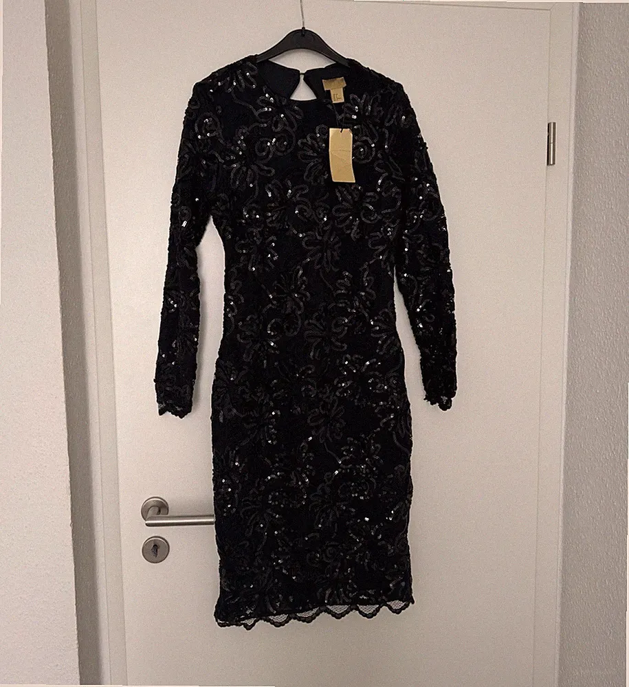 H&M Damen Etuikleid Spitze Blumen schwarz Pailletten Langarm Rundhals Gr. 40