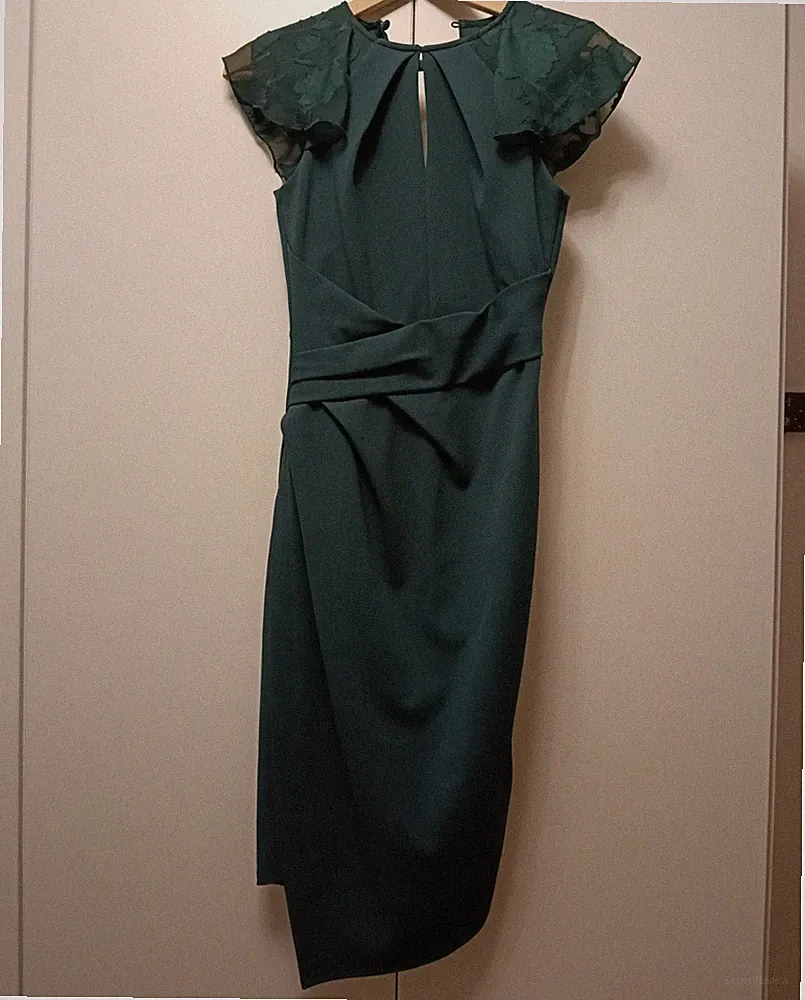 H&M Damen Kleid Gr.S Grün Midi A-Linie asymmetrisch Spitze Flügelärmel