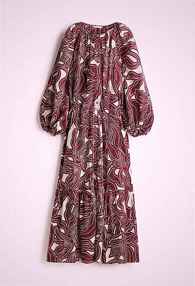 H&M Damen Midi A-Linien-Kleid bordeaux/weiß abstrakt Langarm Gr. XL 42 neu ovp
