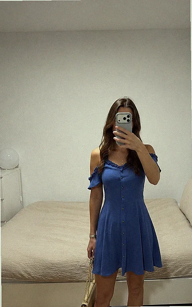 H&M Damen Skaterkleid XS kurz blau unifarben V-Ausschnitt Cold-Shoulder