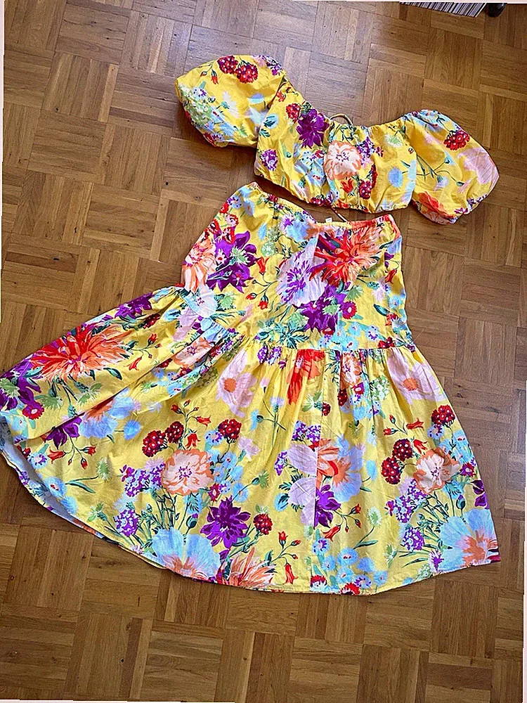 H&M Damen Sommerkleid Gelb/Mehrfarbig Blumen Puffärmel A-Linie Kurz Gr. L