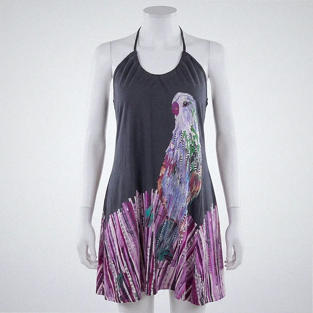 H&M Divided Neckholder Kleid S Schwarz Pink Vögel Grafik Print Festival Sommer