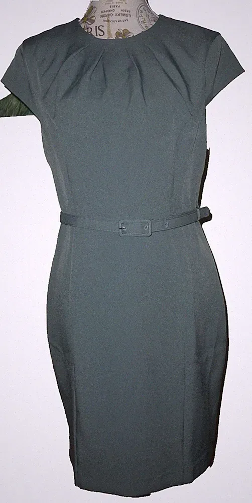H&M Etui Kleid L grün grau knielang Etuikleid Elegant Gürtel Kurzarm Stretch