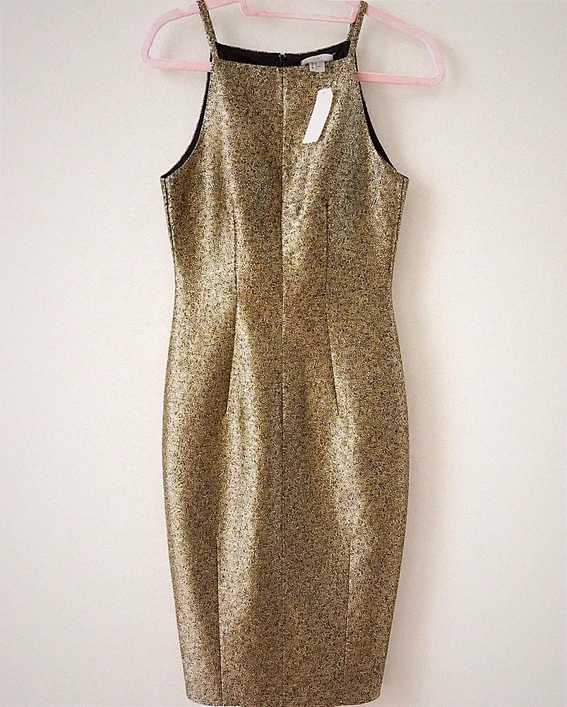 H&M Etuikleid Damen Party/Cocktail Gold/Schwarz Glitzer Riemchen Gr. 34
