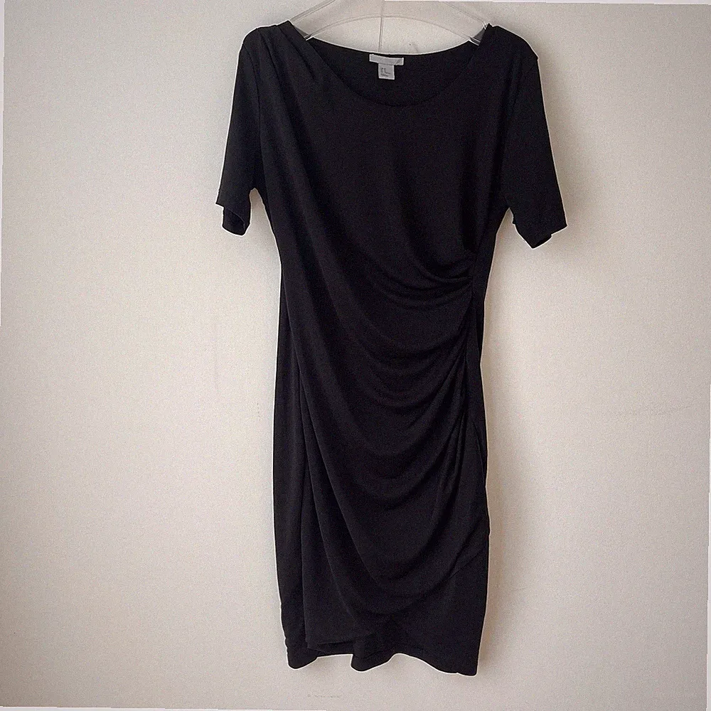H&M Etuikleid schwarz Midi Rundhals Kurzarm Stretch Raffung M