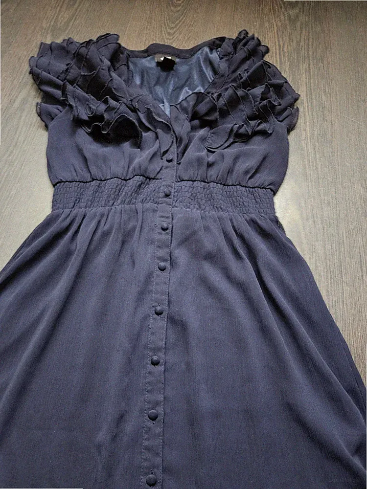 H&M Kleid Damen 34 (36) S dunkelblau Rüschen A-Linie tailliert kurz chic Sommer