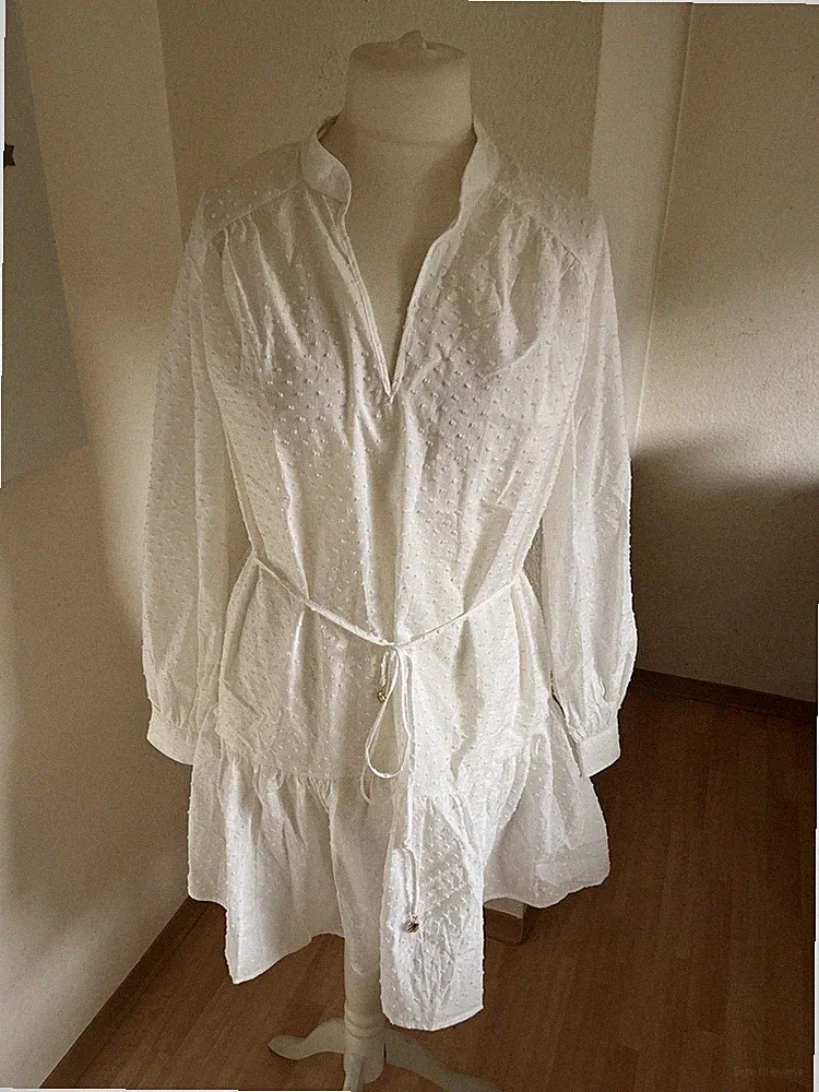 H&M Kleid M 38/40, weiss, Knielang, Volant, gerafft, Ballonärmel, Gürtel NEU!!!