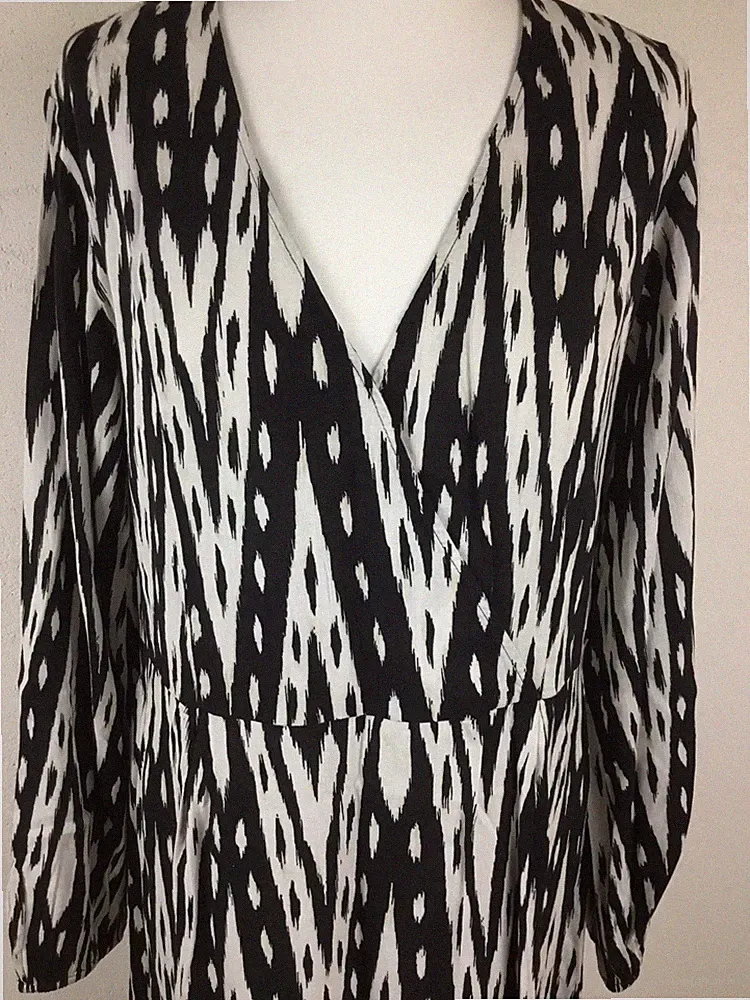 H&M;Langarm V-Ausschnitt Baumwollemischung Sommer Kleid Schwarz Cream Gr.S NEU