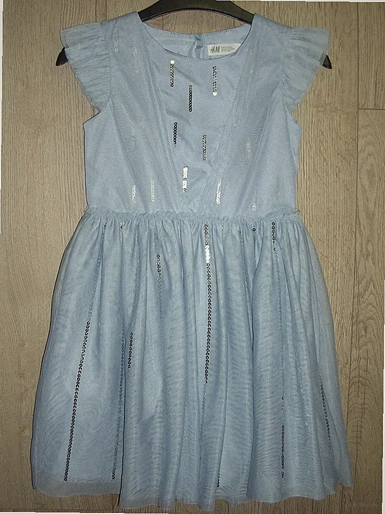H&M Mädchen blau Pailletten Kurzarm Tüll Partykleid Alter 8-9 134 cm