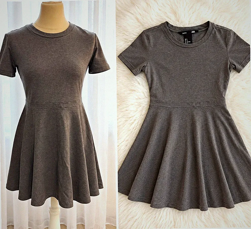 H&M Skaterkleid L grau unifarben Strick Kurzarm Rundhals kurz Reißverschluss