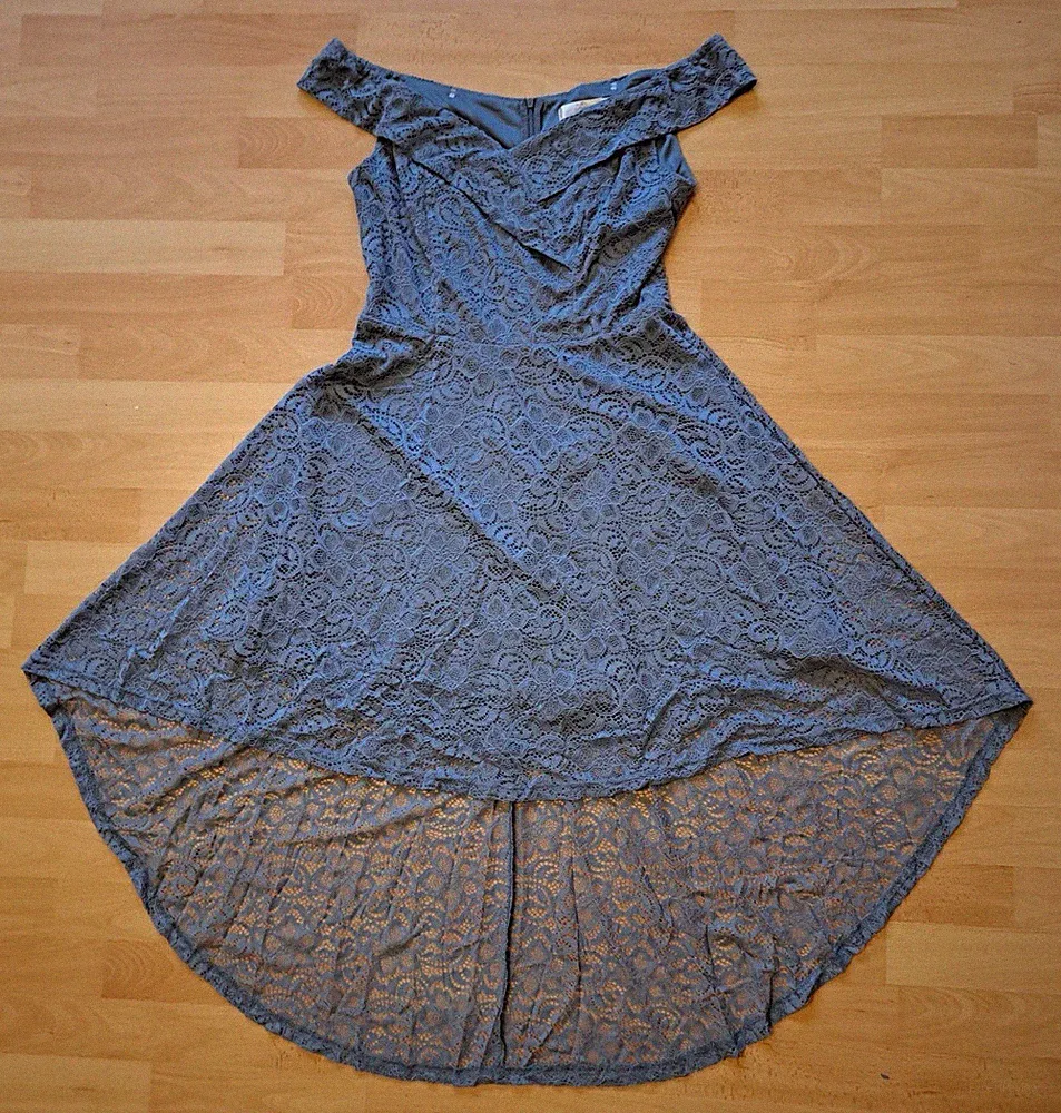 H&R HOMRAIN Damen A-Linien-Spitzenkleid blau Hi-Low Carmen-Ausschnitt L