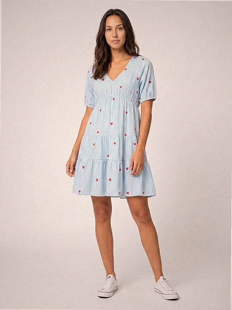 Hailys Damen Sommerkleid Hellblau Weiß Gestreift Herzen V-Ausschnitt XS - XXL