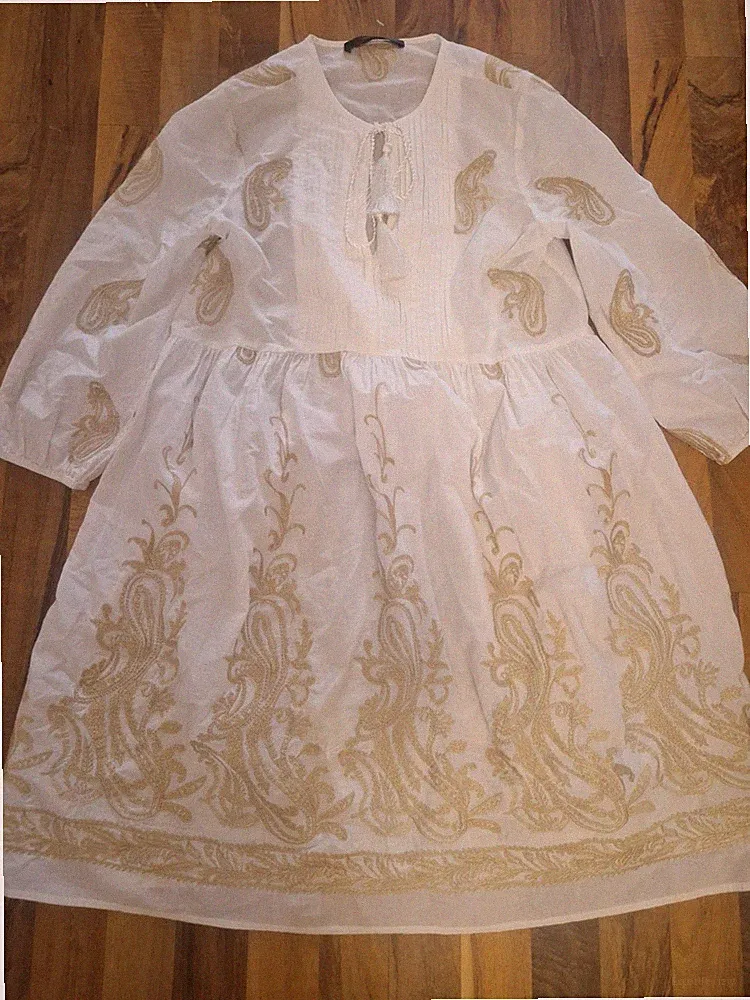 Hallhuber Damen A-Linie Kleid 34, weiß/gold, Stickerei, Ballonärmel, kurz