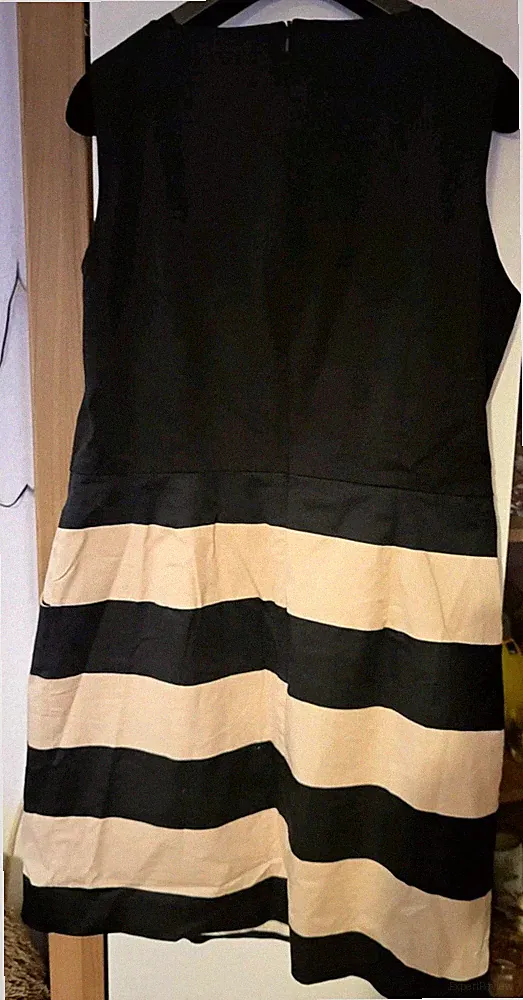 Hallhuber Damen A-Linien-Kleid Gr. 42 knielang ärmellos gestreift schwarz/beige