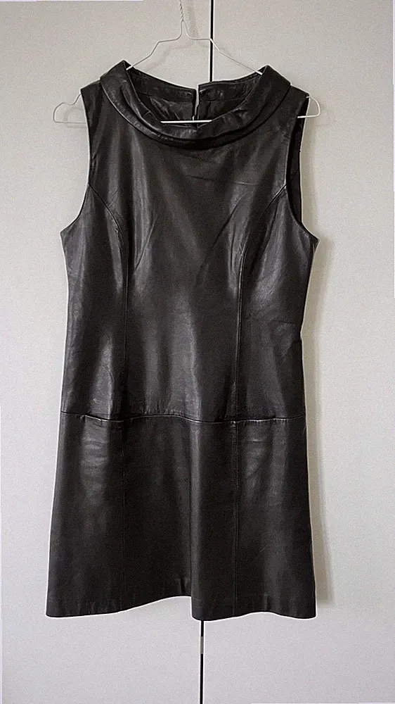 Hallhuber Damen Leder Etuikleid schwarz, Gr. 36, ärmellos kurz RV Taschen