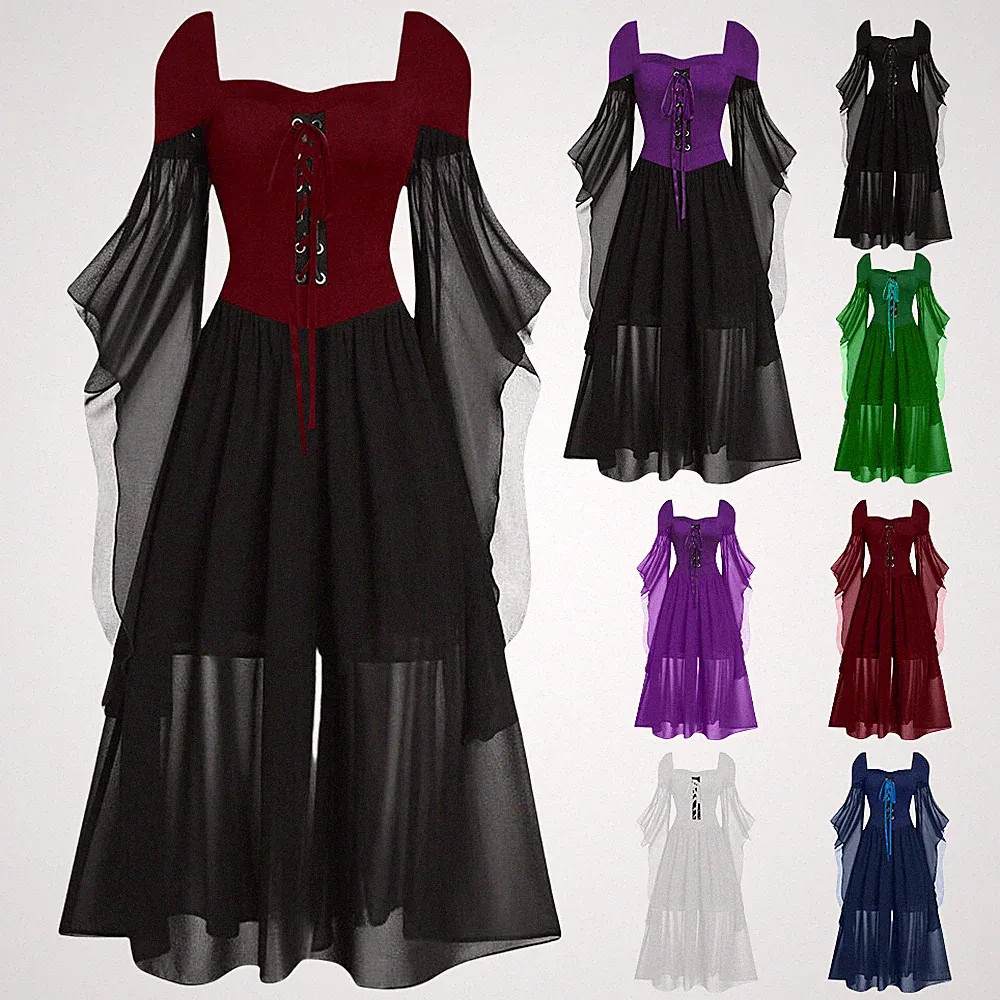 Halloween Damen Punk Gothic Hexe Karneval Cosplay Kostüm Vampir Party Lang Kleid