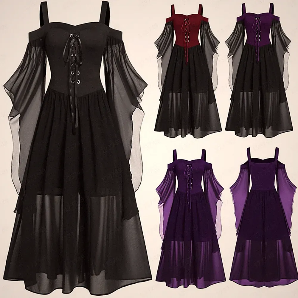 Halloween Damen Punk Gothic Karneval Cosplay Kostüm Hexen Lang Partykleid L-5XL