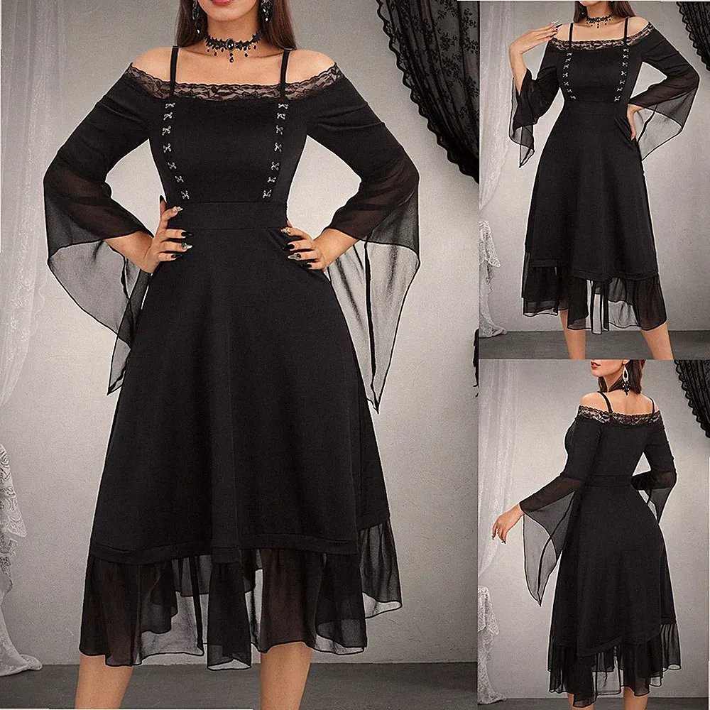 Halloween Kostüm Damen Gothic Punk Partykleid Spitze Schulterfrei A-Linie-Kleid