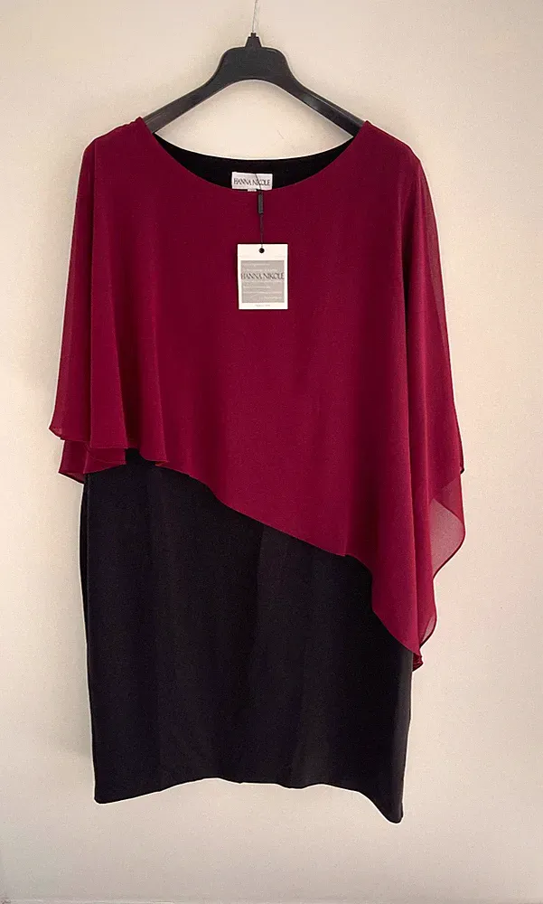 Hanna Nikole Kleid schwarz rot Cape Chiffon Capelet Hochzeitsgast UK 24 - neu mit Etikett