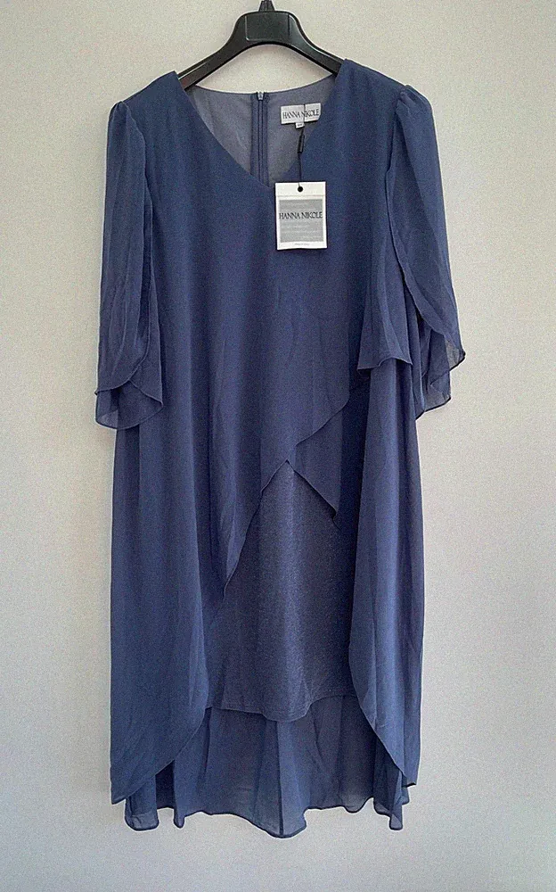 Hanna Nikole Midikleid blau Cape Chiffon Capelet Hochzeitsgast UK 18 - neu mit Etikett