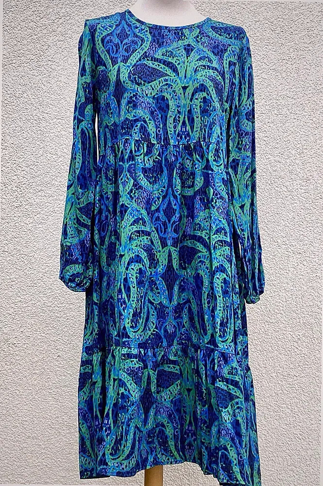 Heart Kiss Kleid blue print Blau/Grün Langarm Damen Jugendliche Gr. S M XL