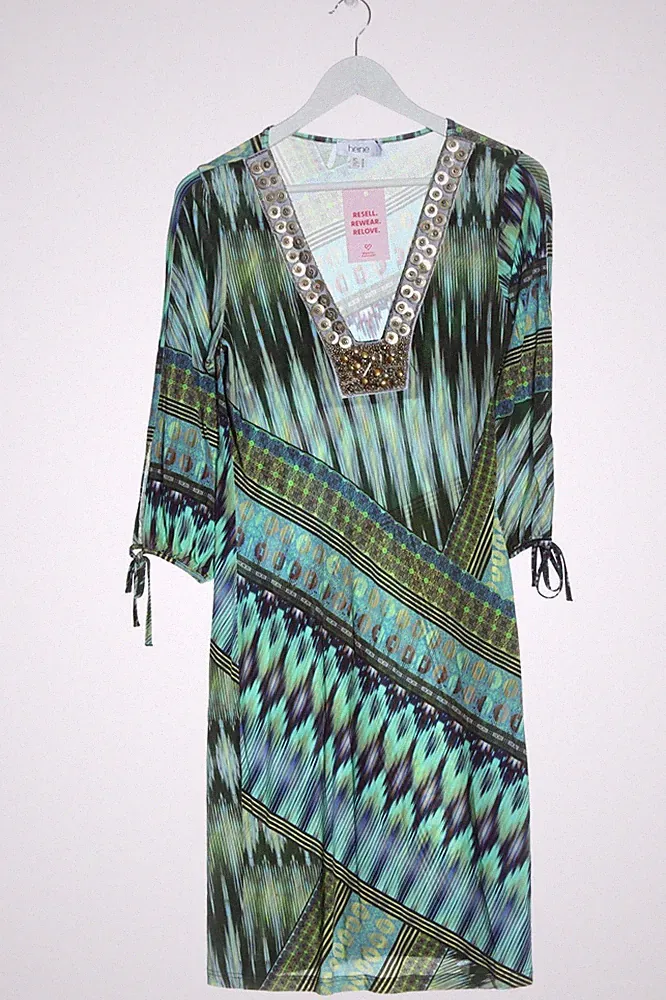 HEINE A-Linien Kleid Damen Kleid Gr. DE 38 grün-türkis-blau Casual-Look