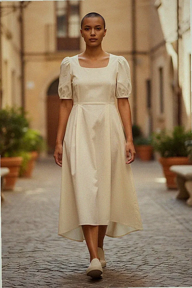 HEINE Damen Kleid Gr. 36 Sand Sommerkleid High-Low Saum Baumwolle NEU