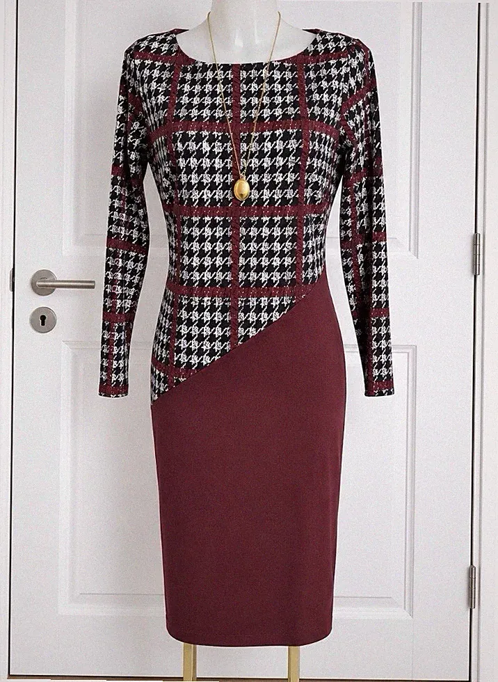 Helena Vera Etui Kleid Party Hahnentritt Karo Muster Burgund Dunkelrot 44/46