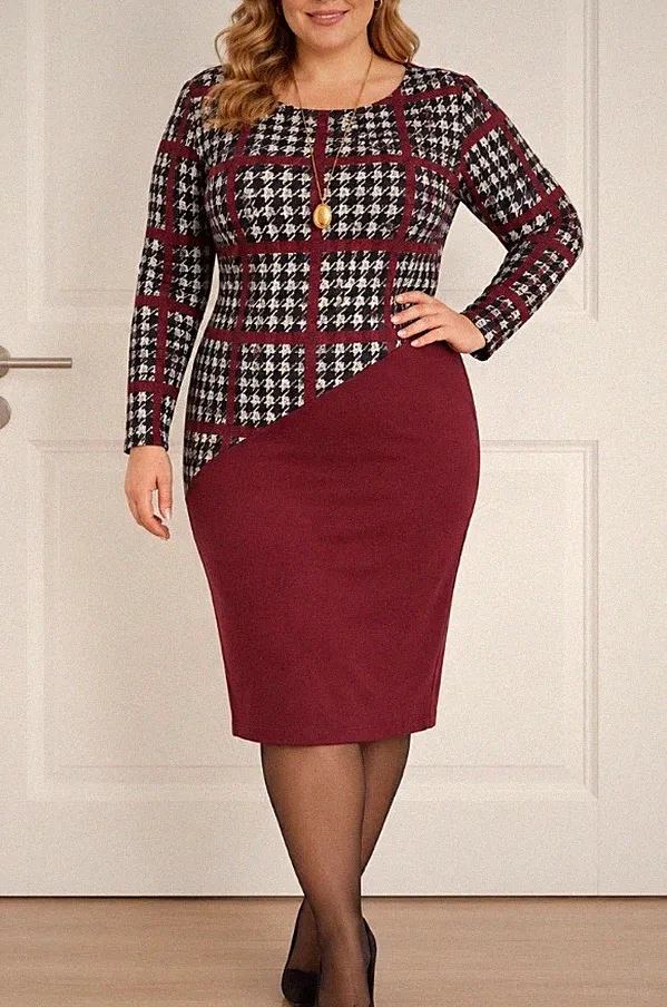 Helena Vera Etui Kleid Party Hahnentritt Karo Muster Burgund Dunkelrot 44/46 XXL
