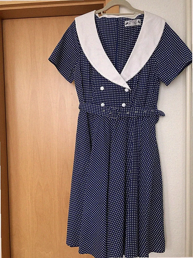 Hell Bunny Damen Midi Kleid blau/weiß gepunktet A-Linie Kurzarm Kragen Gr. 44