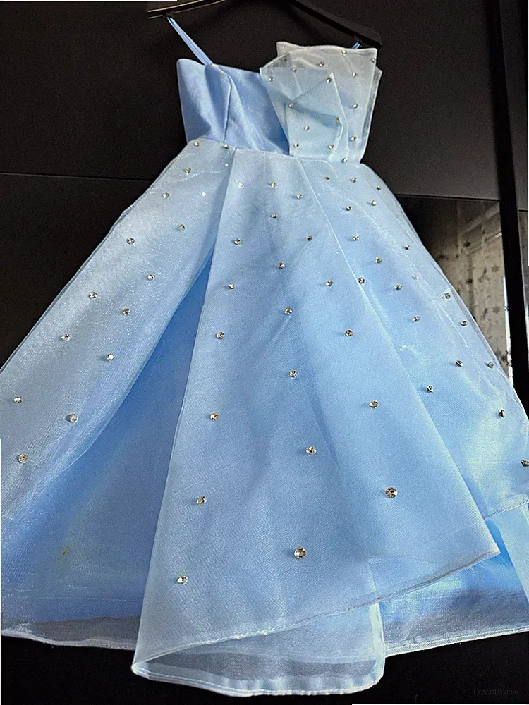 Hellblaues A-Linien Trägerkleid S, Tüll mehrlagig, Perlen, kurz, RV