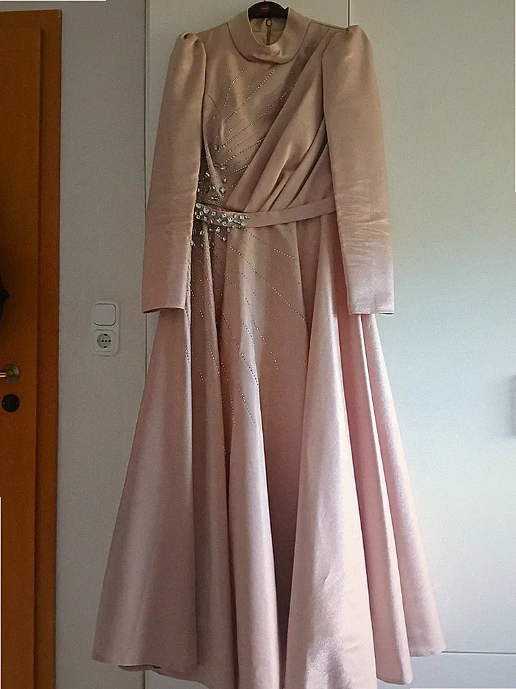 HENNIN Damen A-Linie Midi-Kleid Gr. 42 rosa Satin/Tüll Strass Puffärmel