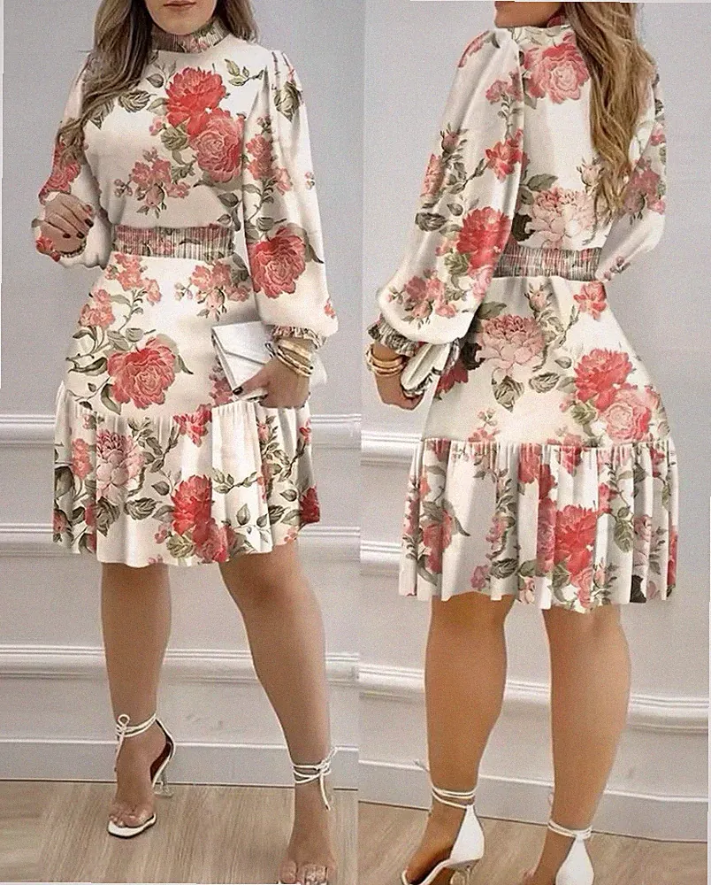 Herbst Frauen Floral Print Geraffte Rüschen Kleid